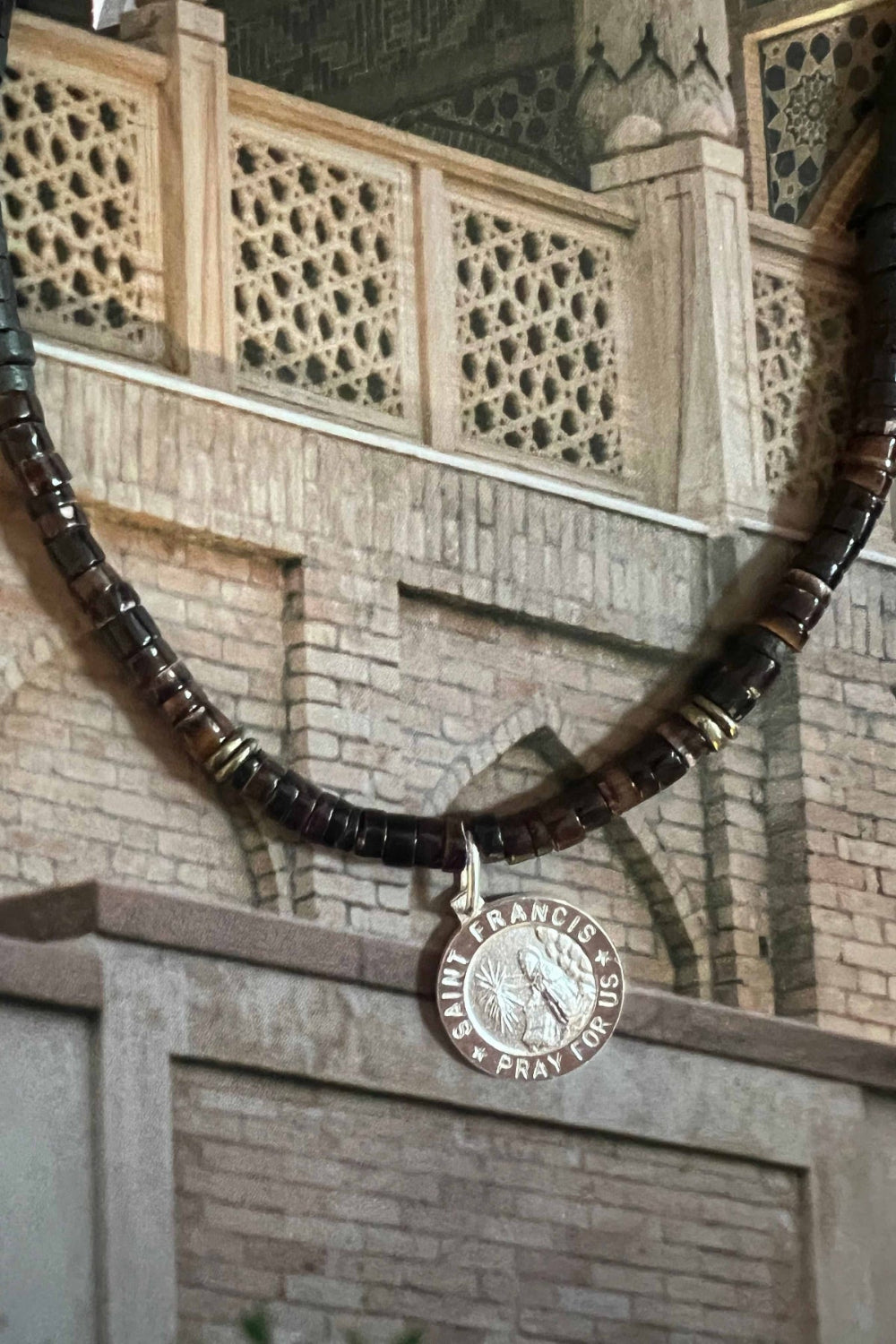 ANTHOLOGY PENELOPE No.7 necklace with shell, pyrite and metal beads, St. Francis pendant and sterling silver clasp, 60 cm length"